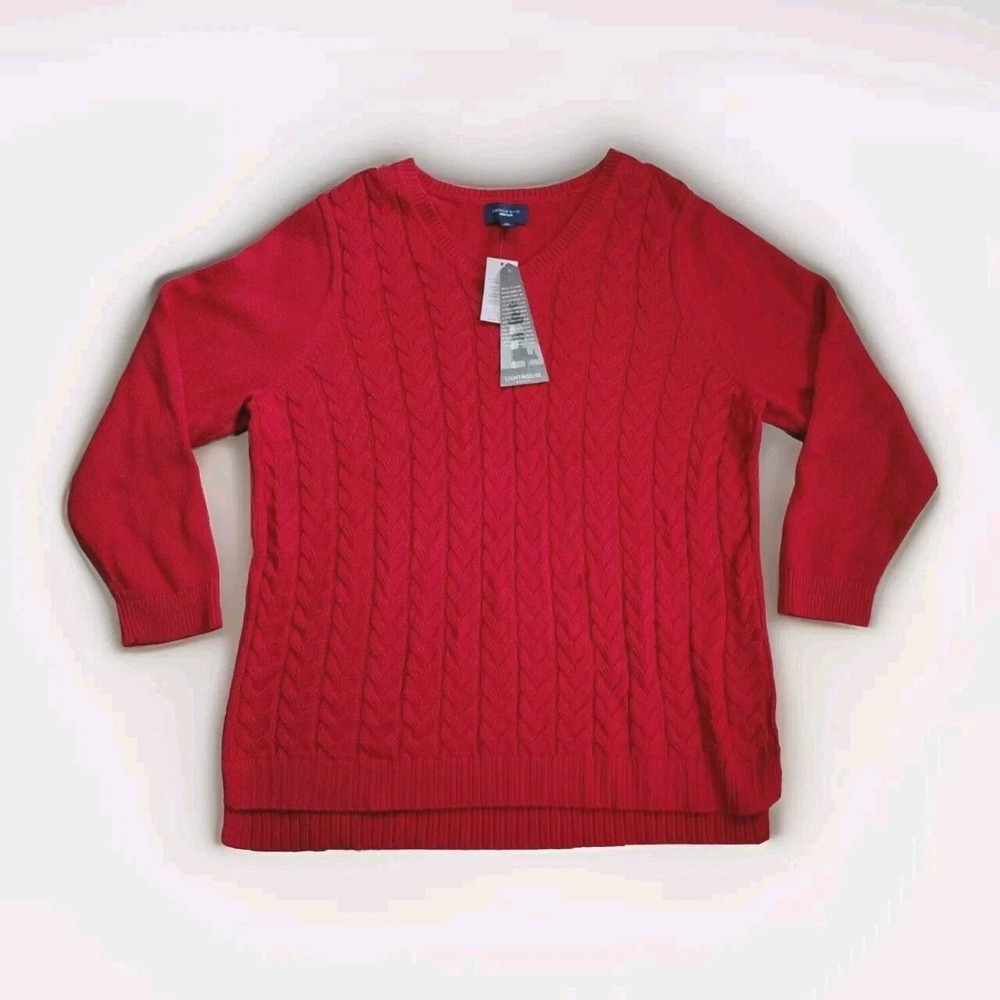 Land's End Women's Drifter V-Neck Cable Knit Lighthouse Sweater Red 2X